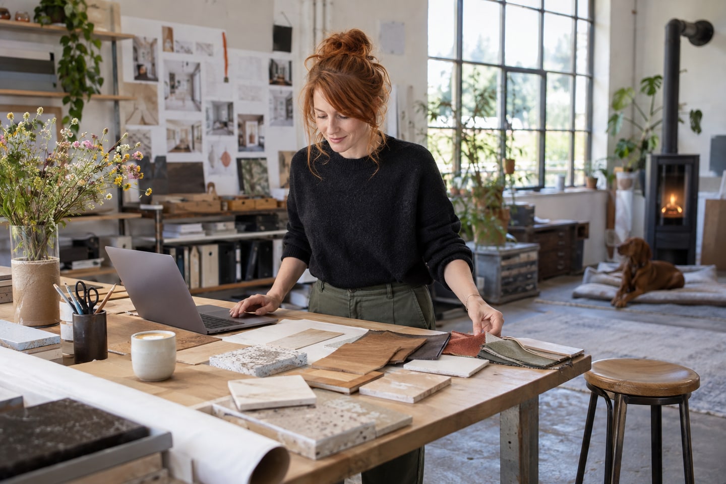 Freelancerin arbeitet in einem hellen Werkstattstudio an einem Kundenprojekt
