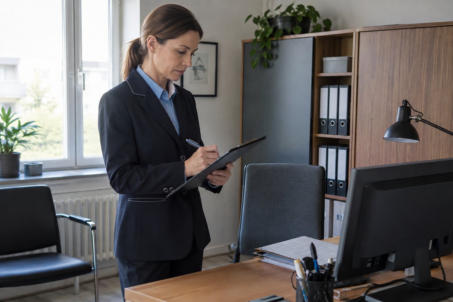 Gerichtsvollzieherin dokumentiert Gegenstände und Verfahrensangaben im Büro Gerichtsvollzieherin dokumentiert Gegenstände und Verfahrensangaben im Büro