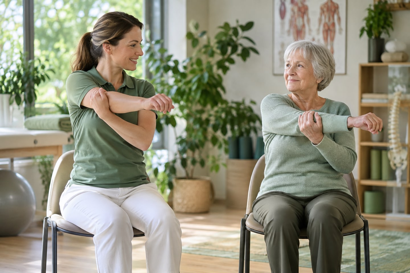 Gesundheitspädagogin zeigt einer Kundin eine sanfte Bewegungsübung Gesundheitspädagogin zeigt einer Kundin eine sanfte Bewegungsübung