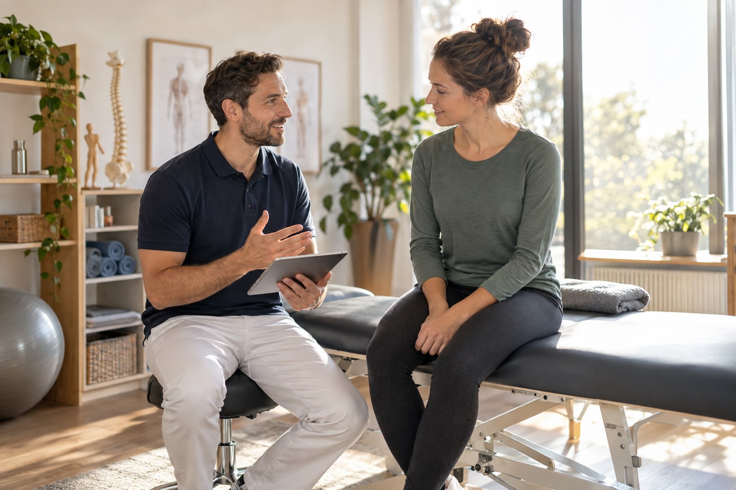 Therapeut bespricht mit einer Klientin den Ablauf in einer Gesundheitspraxis Therapeut bespricht mit einer Klientin den Ablauf in einer Gesundheitspraxis