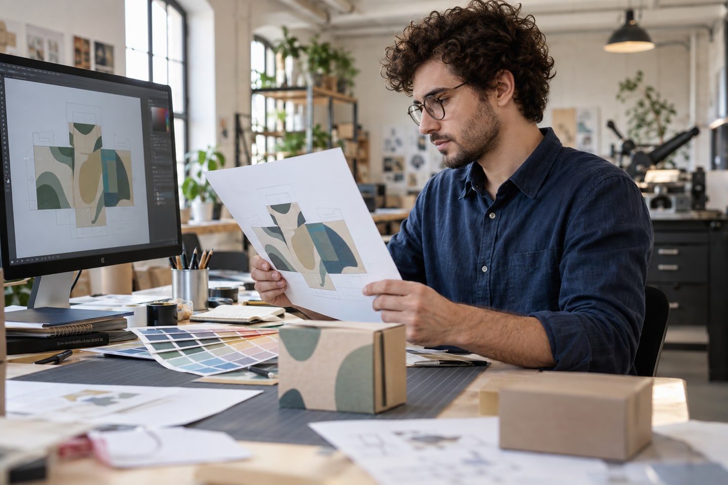 Grafikdesigner prüft einen Verpackungsentwurf am Bildschirm und am gedruckten Muster Grafikdesigner prüft einen Verpackungsentwurf am Bildschirm und am gedruckten Muster