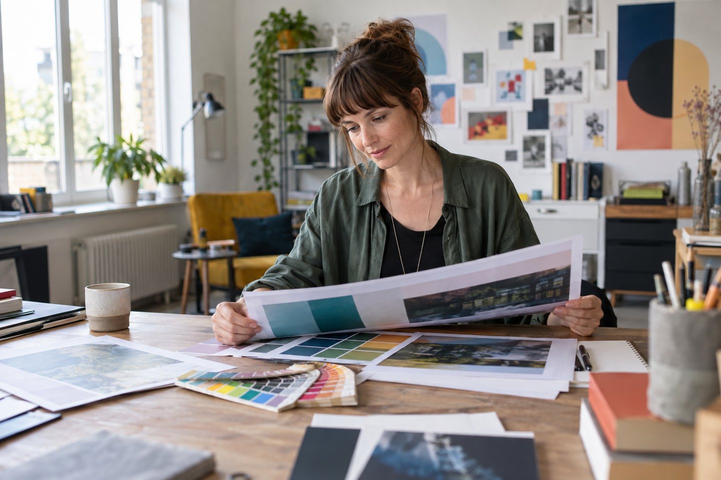 Grafikerin prüft Farbandrucke in ihrem Gestaltungsatelier Grafikerin prüft Farbandrucke in ihrem Gestaltungsatelier