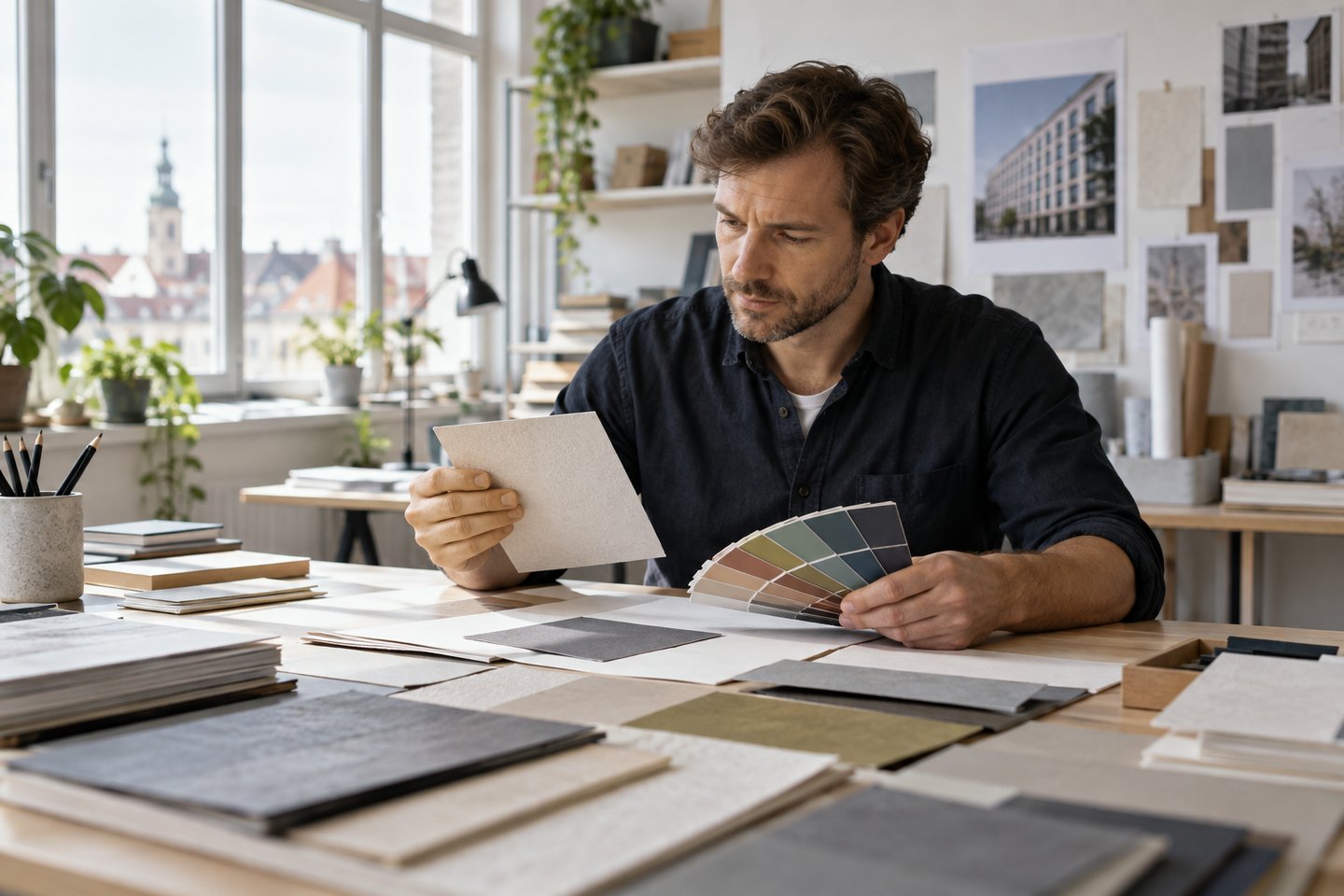 Grafiker vergleicht Papiermuster und Farbfächer für einen Druckauftrag Grafiker vergleicht Papiermuster und Farbfächer für einen Druckauftrag