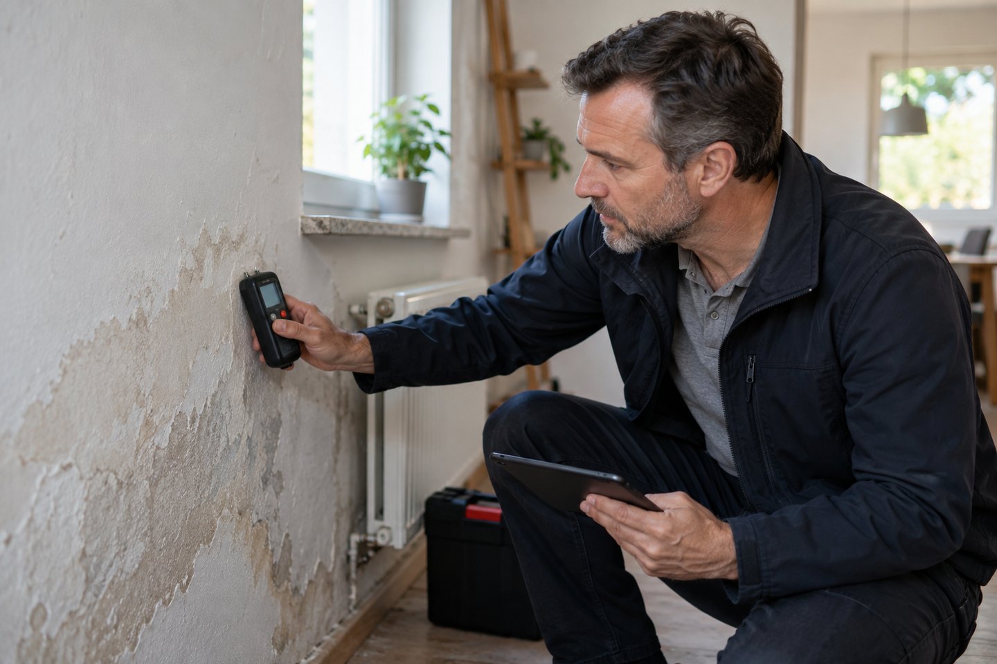 Gutachter untersucht eine feuchte Wand mit einem Messgerät Gutachter untersucht eine feuchte Wand mit einem Messgerät