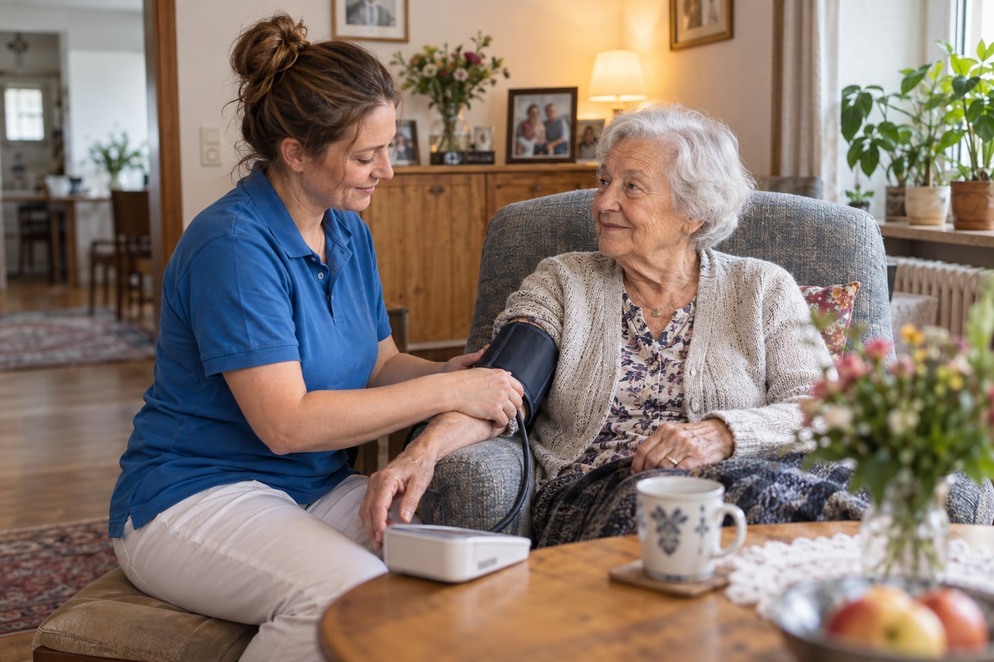 Pflegekraft begleitet eine ältere Patientin bei einer Blutdruckmessung zu Hause Pflegekraft begleitet eine ältere Patientin bei einer Blutdruckmessung zu Hause