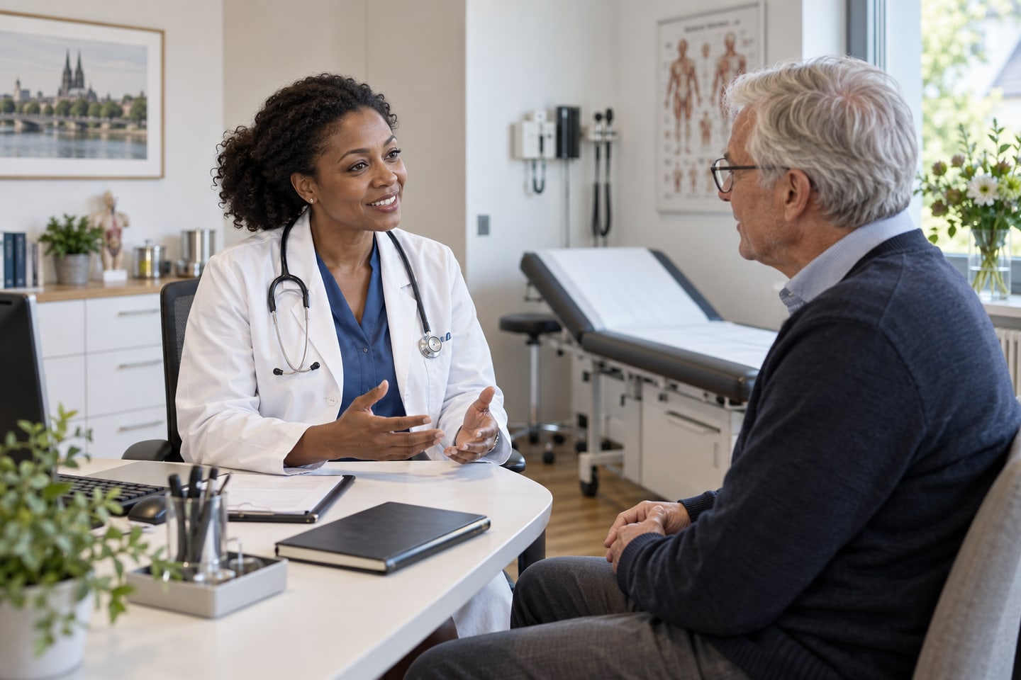 Ärztin im Gespräch mit einem Patienten in ihrer Hausarztpraxis Ärztin im Gespräch mit einem Patienten in ihrer Hausarztpraxis