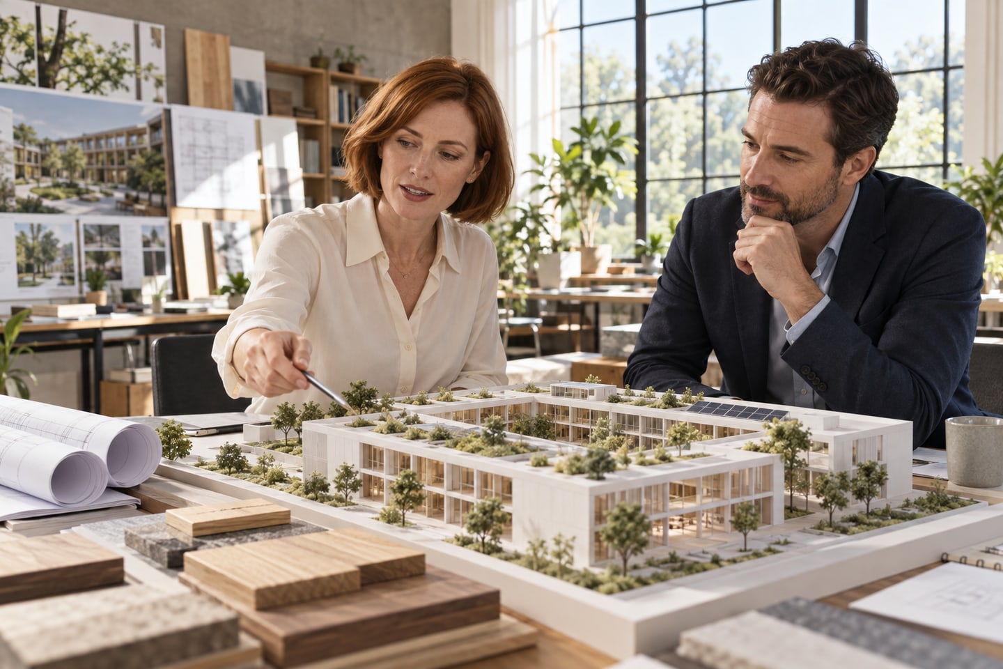 Architektin erläutert ein Gebäudemodell im Planungsatelier Architektin erläutert ein Gebäudemodell im Planungsatelier