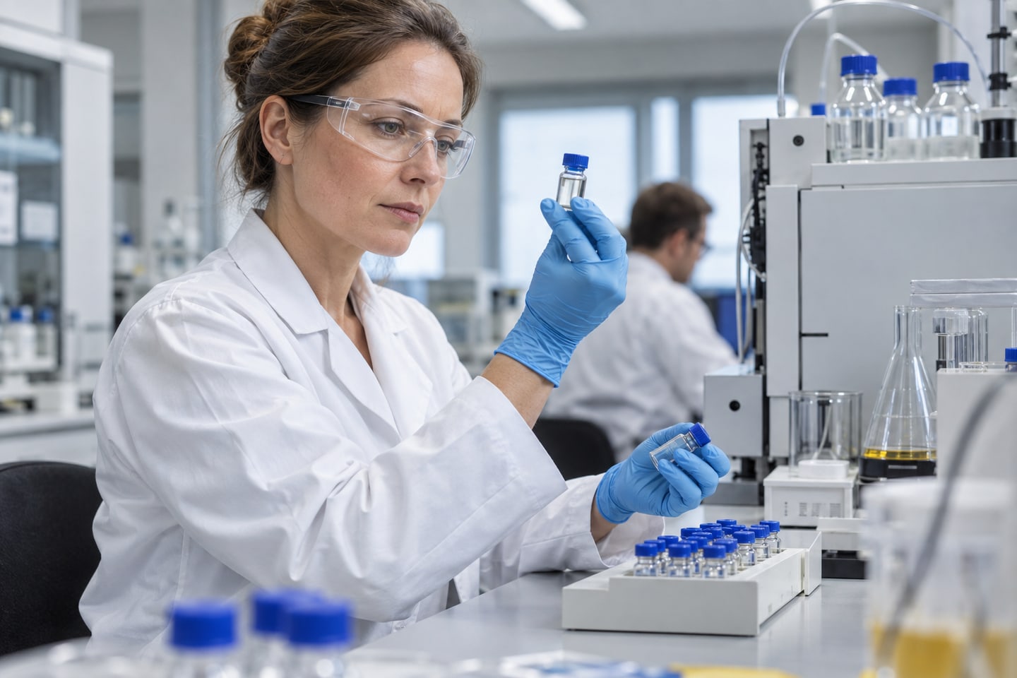 Handelschemikerin mit Schutzbrille kontrolliert verschlossene Probengefäße im Labor