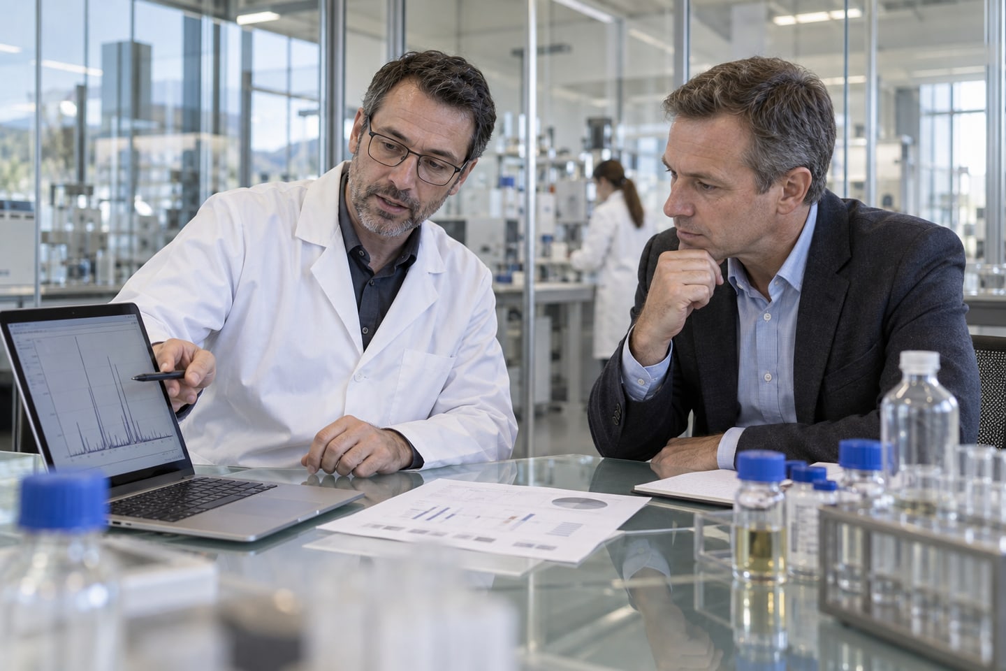 Handelschemiker bespricht Analyseunterlagen mit einem Qualitätsverantwortlichen neben einem Labor
