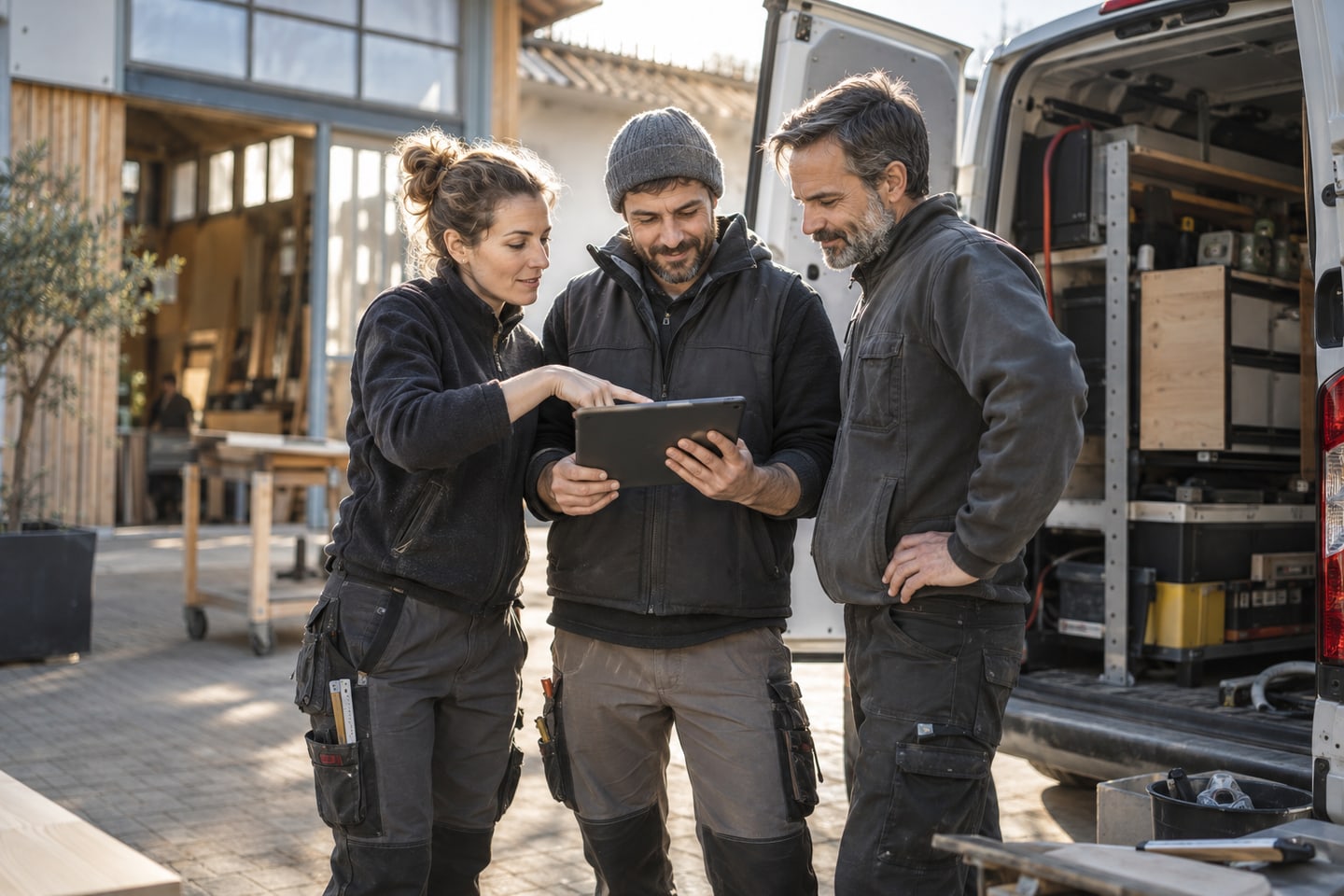 Team eines Handwerksbetriebs plant Aufträge neben einem Werkstattfahrzeug Team eines Handwerksbetriebs plant Aufträge neben einem Werkstattfahrzeug