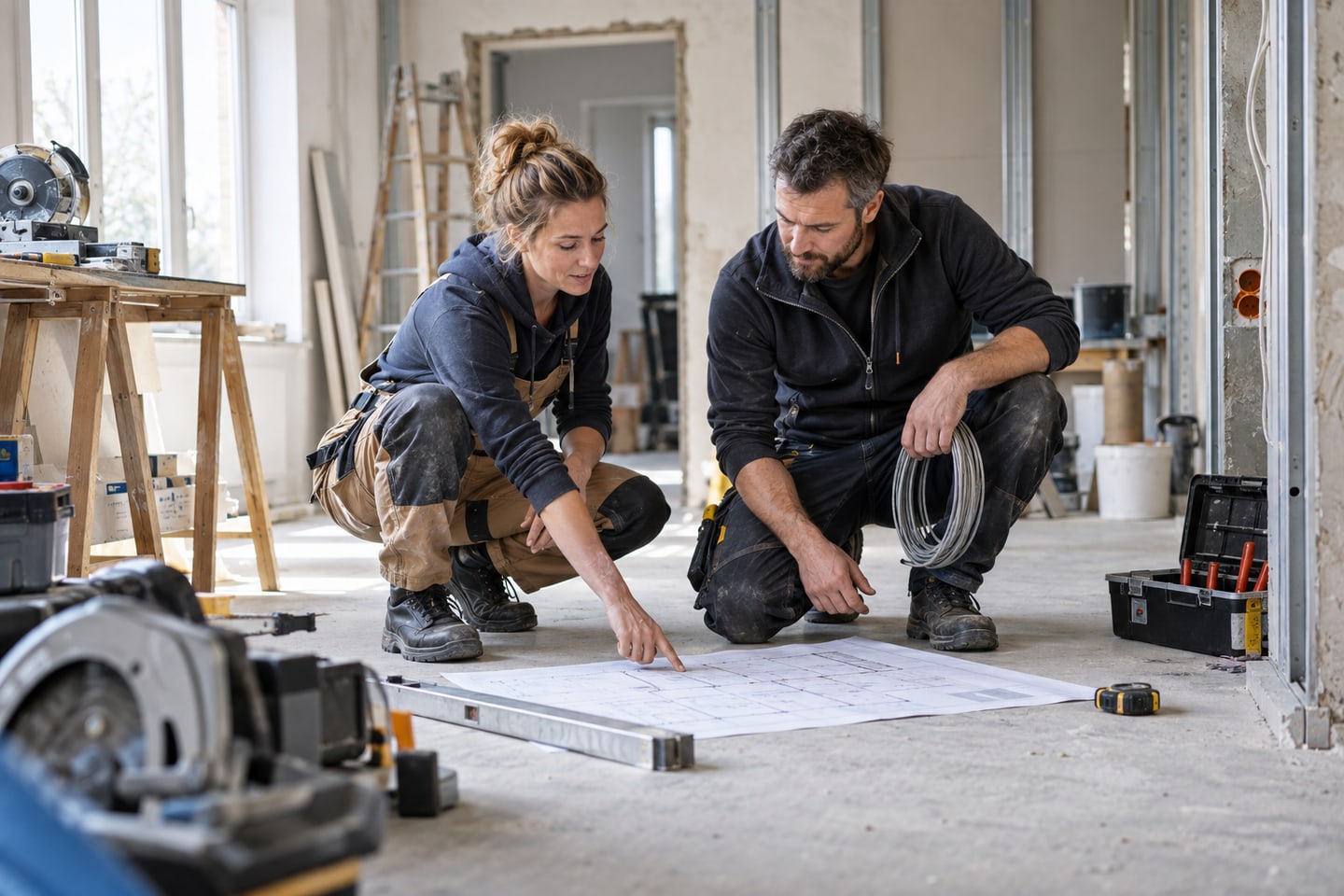 Zwei Handwerker besprechen einen Renovierungsplan in einem hellen Rohbauraum Zwei Handwerker besprechen einen Renovierungsplan in einem hellen Rohbauraum