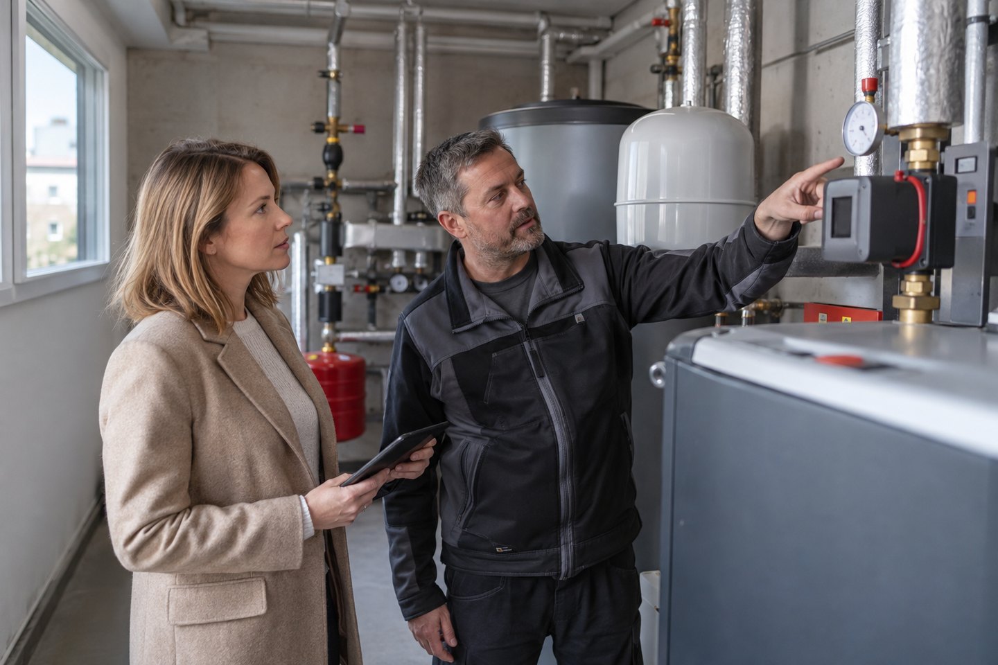 Hausverwalterin bespricht eine Heizungsanlage mit einem Gebäudetechniker Hausverwalterin bespricht eine Heizungsanlage mit einem Gebäudetechniker