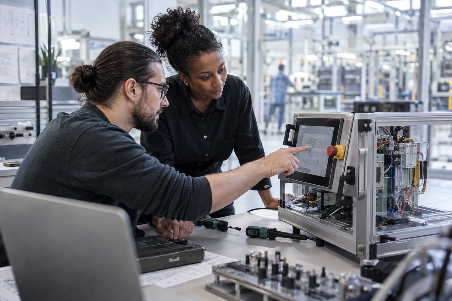 Informatiker prüft eine industrielle Anwendung an einem getrennten Testsystem Informatiker prüft eine industrielle Anwendung an einem getrennten Testsystem