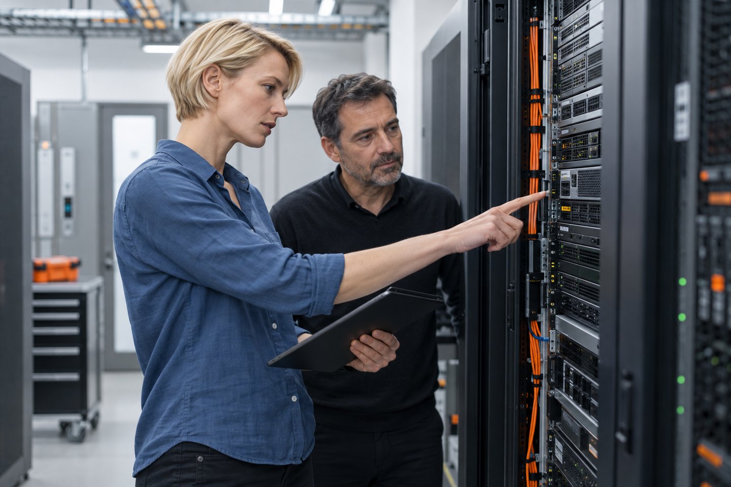 Informatikerin und Kollege prüfen die Serverinfrastruktur eines Unternehmens Informatikerin und Kollege prüfen die Serverinfrastruktur eines Unternehmens