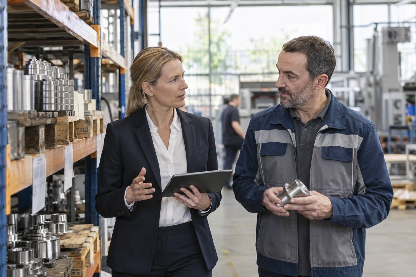 Insolvenzverwalterin besichtigt einen Produktionsbetrieb Insolvenzverwalterin besichtigt einen Produktionsbetrieb