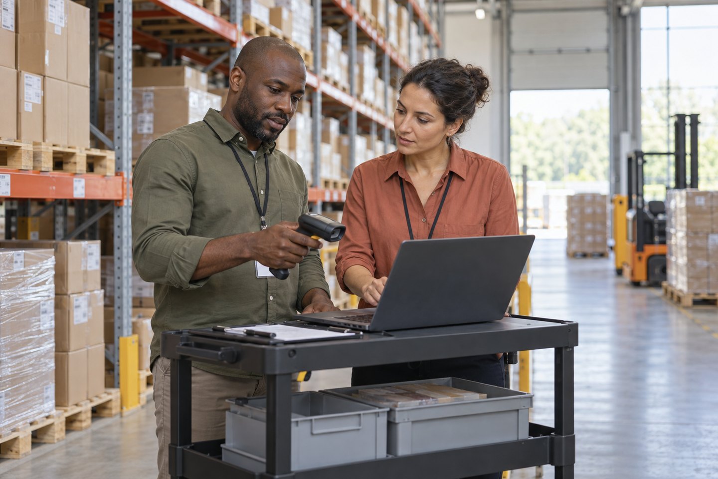 IT-Berater und Logistikverantwortliche prüfen die digitale Lagerverwaltung IT-Berater und Logistikverantwortliche prüfen die digitale Lagerverwaltung