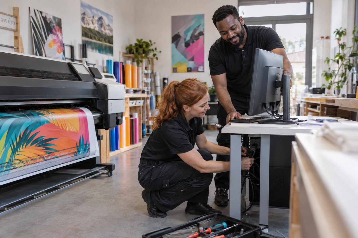 IT-Serviceteam richtet Arbeitsplätze in einer Druckerei ein IT-Serviceteam richtet Arbeitsplätze in einer Druckerei ein