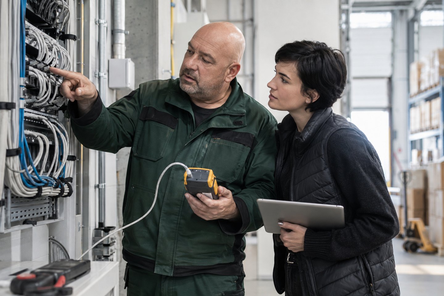 IT-Dienstleister prüft Netzwerkanschlüsse bei der Übergabe an einen Gewerbekunden IT-Dienstleister prüft Netzwerkanschlüsse bei der Übergabe an einen Gewerbekunden
