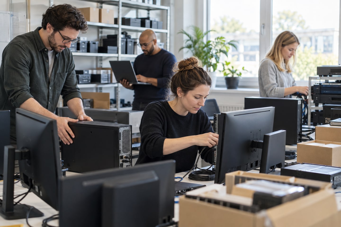 Team eines IT-Dienstleistungsunternehmens richtet Bürocomputer ein Team eines IT-Dienstleistungsunternehmens richtet Bürocomputer ein