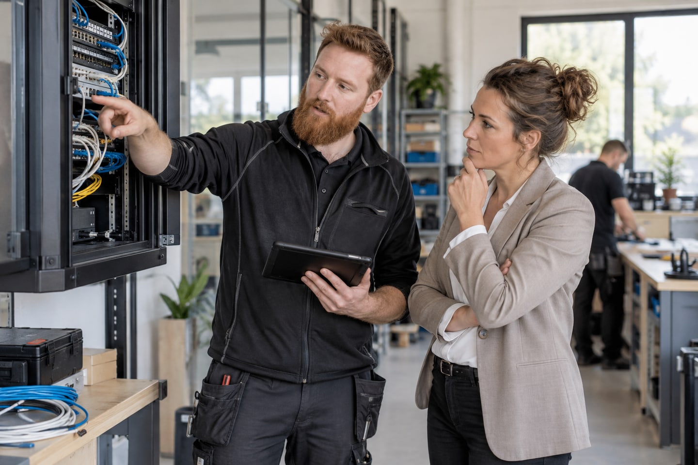 IT-Techniker erläutert einer Unternehmerin die Netzwerkinstallation IT-Techniker erläutert einer Unternehmerin die Netzwerkinstallation