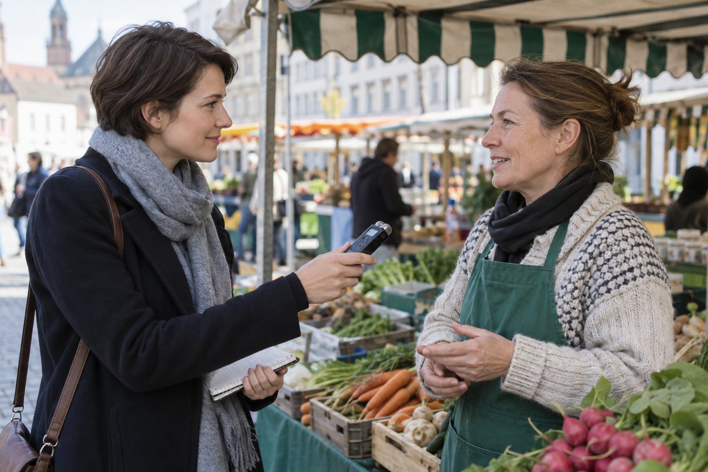 Journalistin interviewt eine Händlerin auf einem Wochenmarkt Journalistin interviewt eine Händlerin auf einem Wochenmarkt