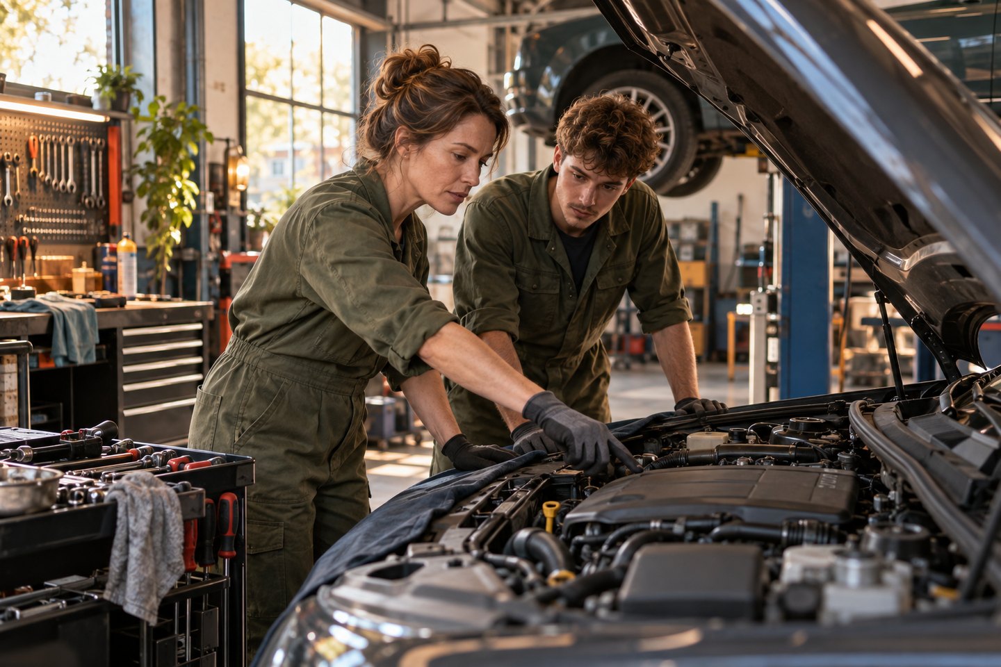 Kfz-Meisterin und Auszubildender prüfen einen Kundenmotor in der Werkstatt Kfz-Meisterin und Auszubildender prüfen einen Kundenmotor in der Werkstatt