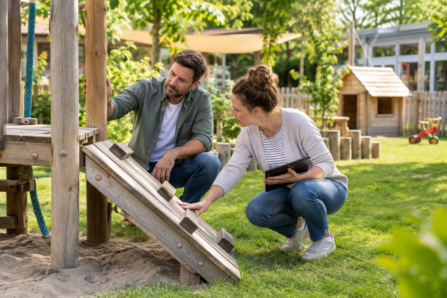 Mitarbeiter eines Kindergartens kontrollieren ein niedriges Spielgerät im eingefriedeten Garten Mitarbeiter eines Kindergartens kontrollieren ein niedriges Spielgerät im eingefriedeten Garten