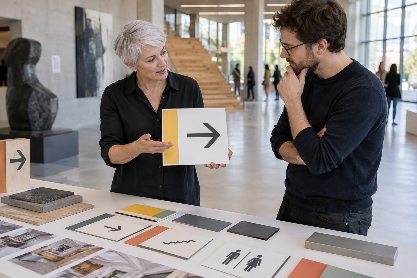 Kommunikationsdesignerin bespricht Entwürfe für ein Leitsystem in einem Kulturgebäude Kommunikationsdesignerin bespricht Entwürfe für ein Leitsystem in einem Kulturgebäude