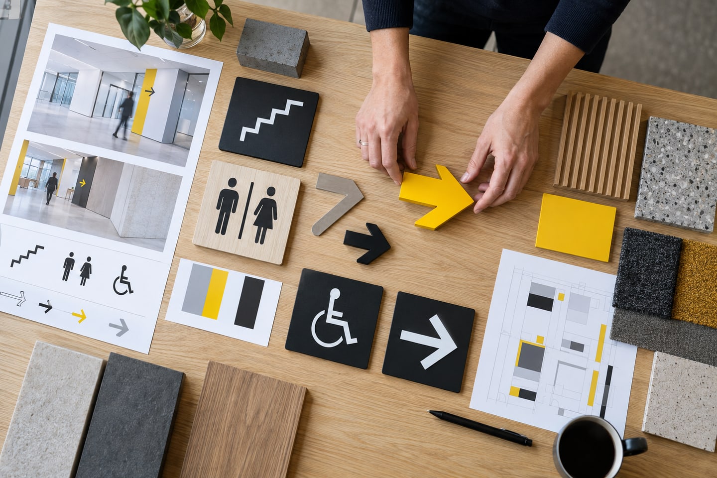 Gedruckte Piktogramme und Materialmuster eines Kommunikationsdesign-Projekts auf einem Planungstisch Gedruckte Piktogramme und Materialmuster eines Kommunikationsdesign-Projekts auf einem Planungstisch