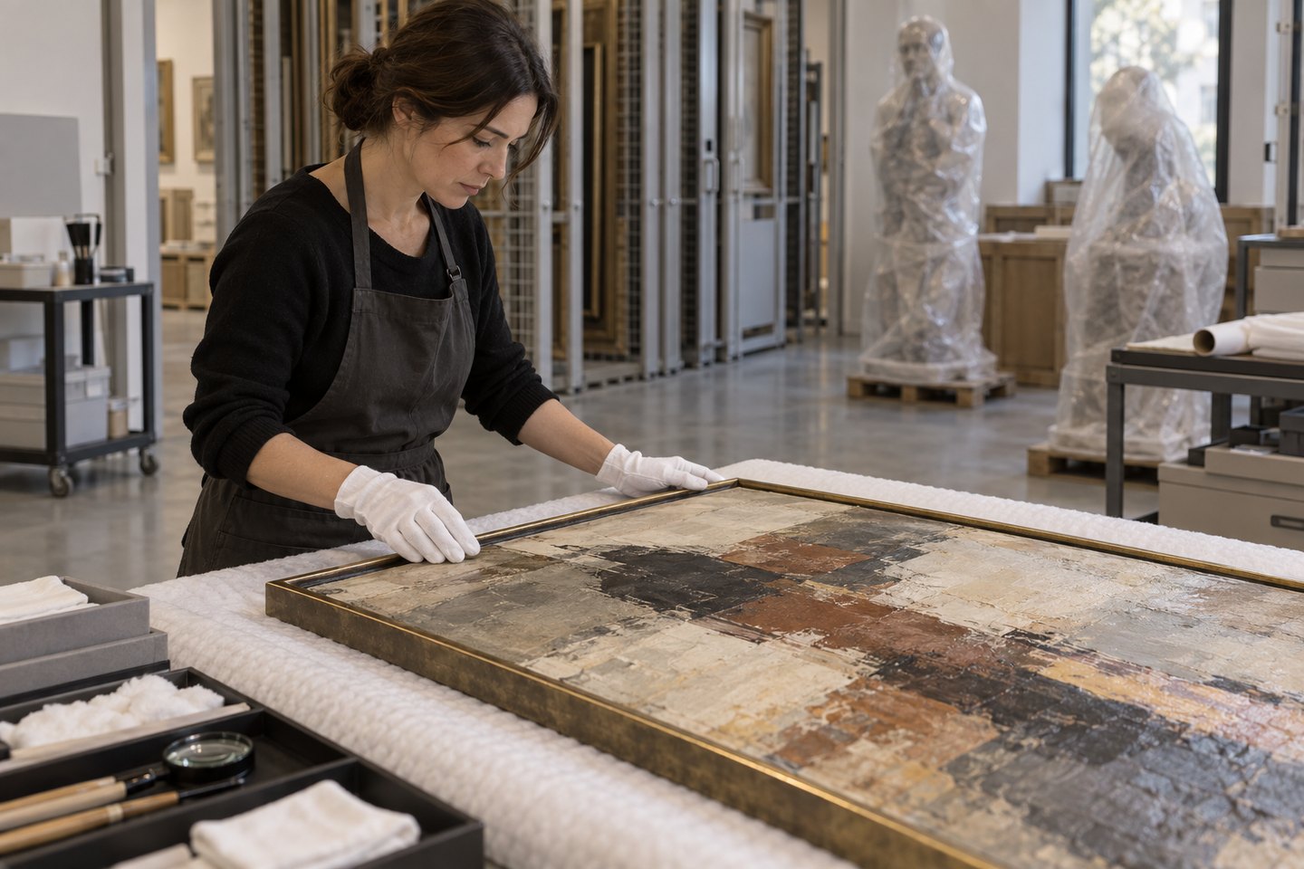 Kunstfachfrau prüft den Zustand eines Gemäldes im Galeriedepot Kunstfachfrau prüft den Zustand eines Gemäldes im Galeriedepot