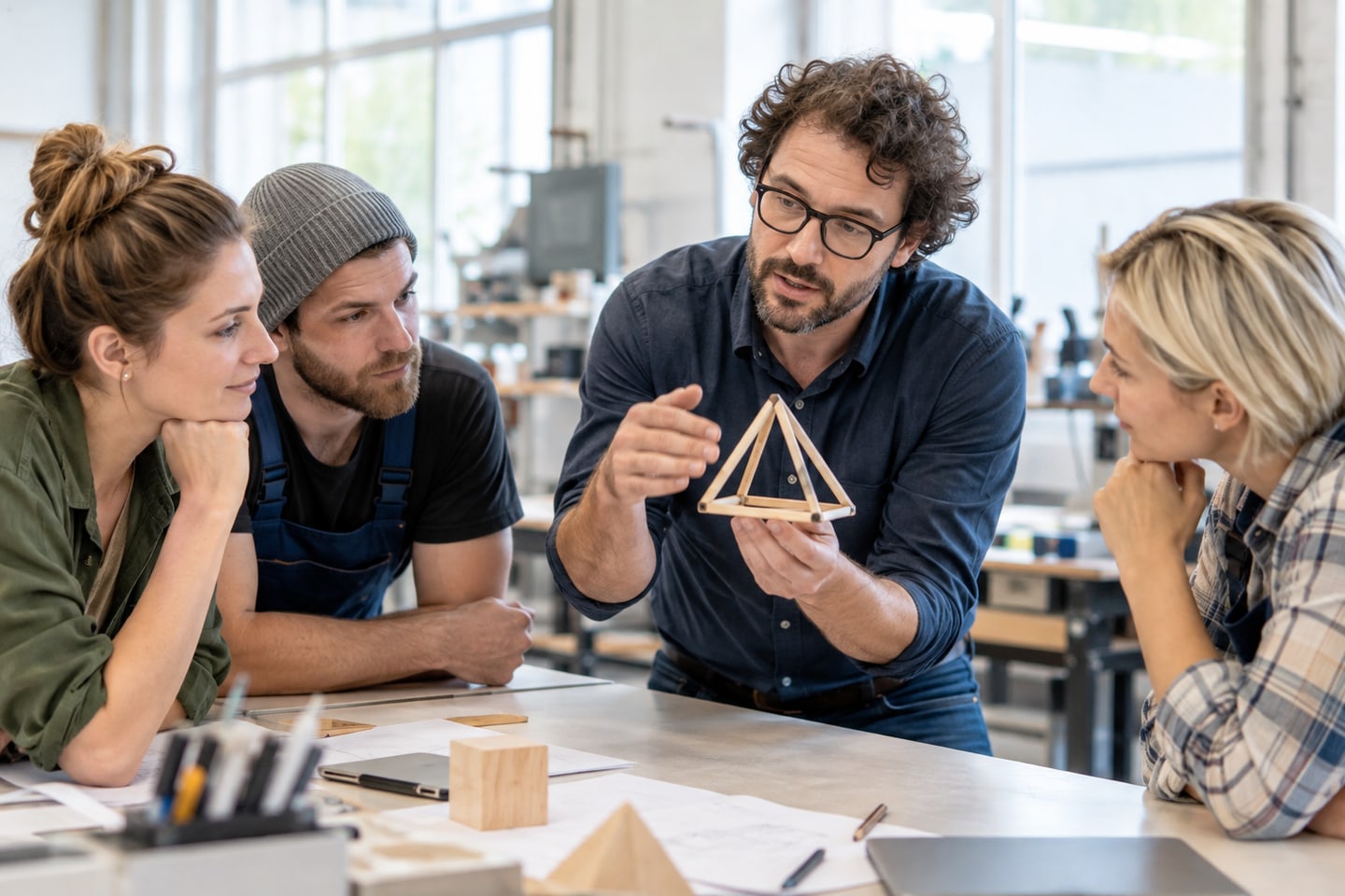 Lehrer erklärt erwachsenen Kursteilnehmern ein geometrisches Modell Lehrer erklärt erwachsenen Kursteilnehmern ein geometrisches Modell
