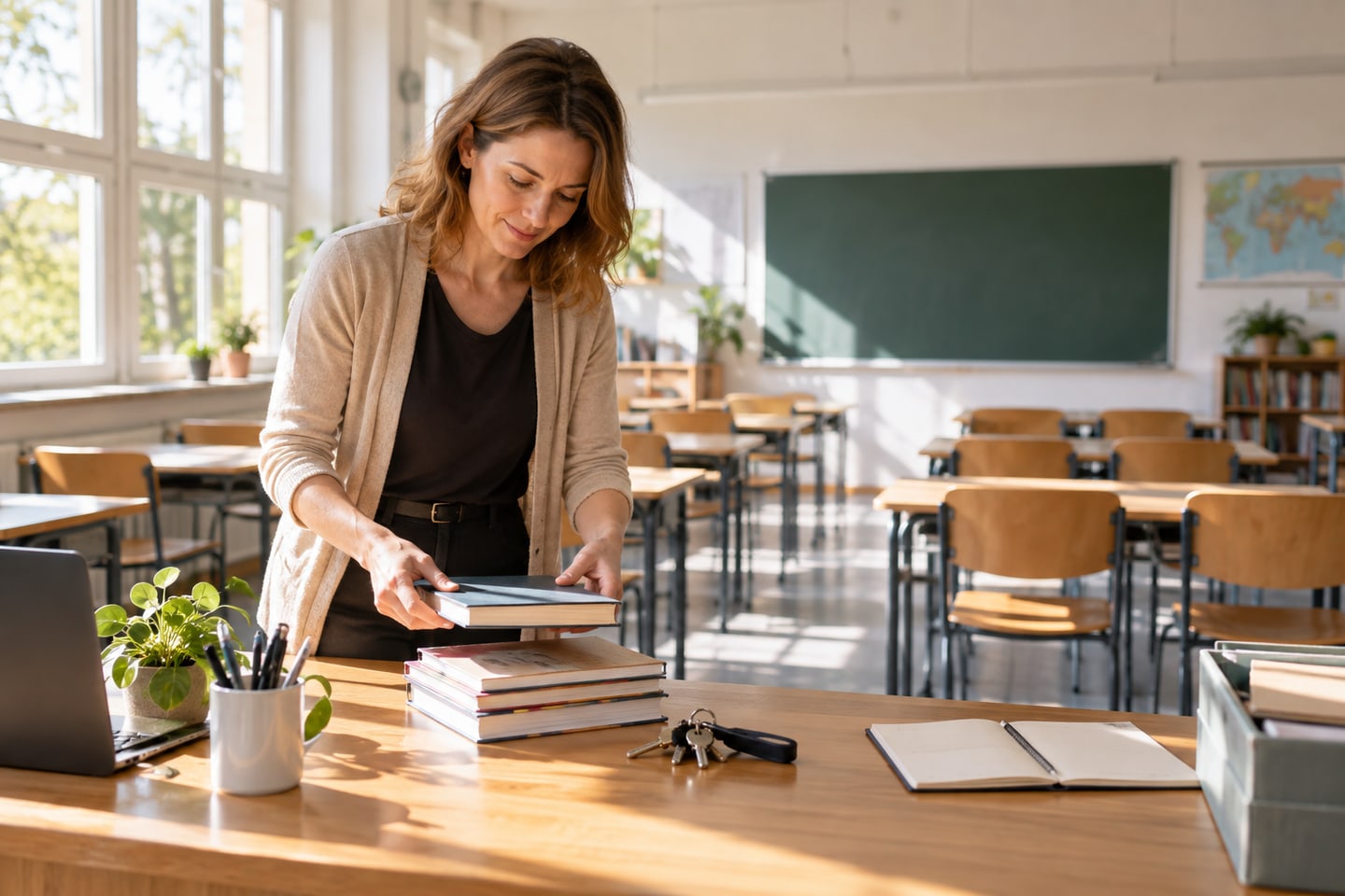 Lehrerin bereitet Unterrichtsmaterialien und einen Schulschlüssel am Schreibtisch vor Lehrerin bereitet Unterrichtsmaterialien und einen Schulschlüssel am Schreibtisch vor