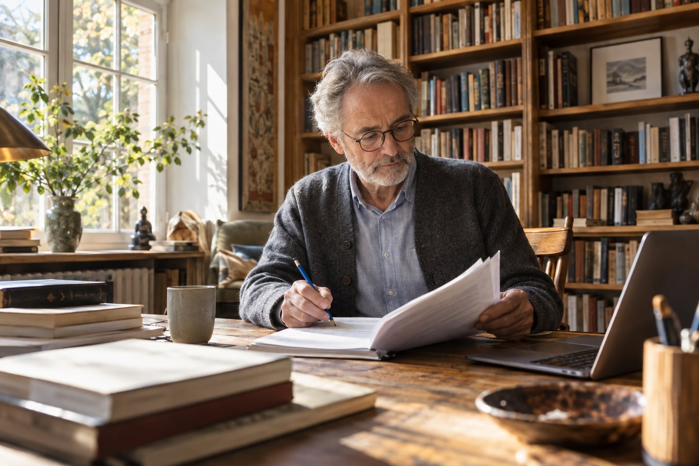 Lektor prüft ein Manuskript am Schreibtisch vor einer Bücherwand Lektor prüft ein Manuskript am Schreibtisch vor einer Bücherwand