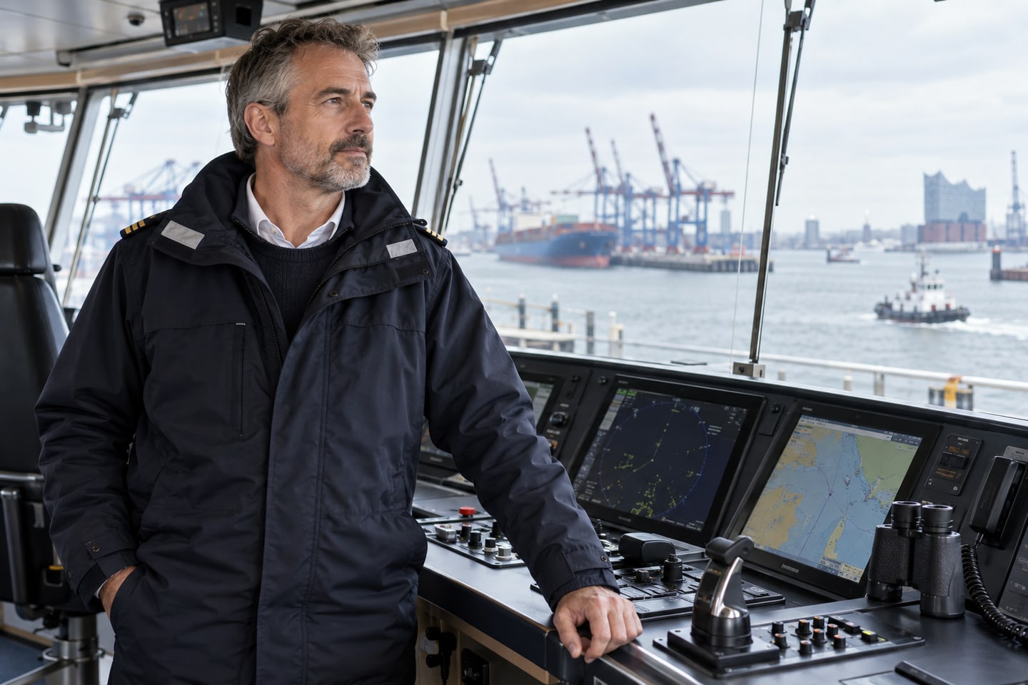 Erfahrener Seelotse blickt von der Brücke eines Handelsschiffs auf den Hafen Erfahrener Seelotse blickt von der Brücke eines Handelsschiffs auf den Hafen