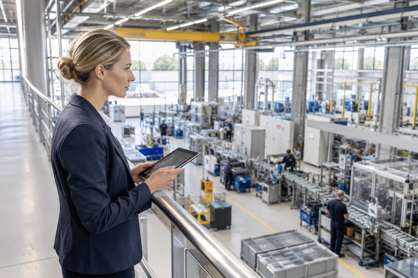 Managementberaterin beurteilt Produktionsabläufe von einem sicheren Betriebssteg aus Managementberaterin beurteilt Produktionsabläufe von einem sicheren Betriebssteg aus