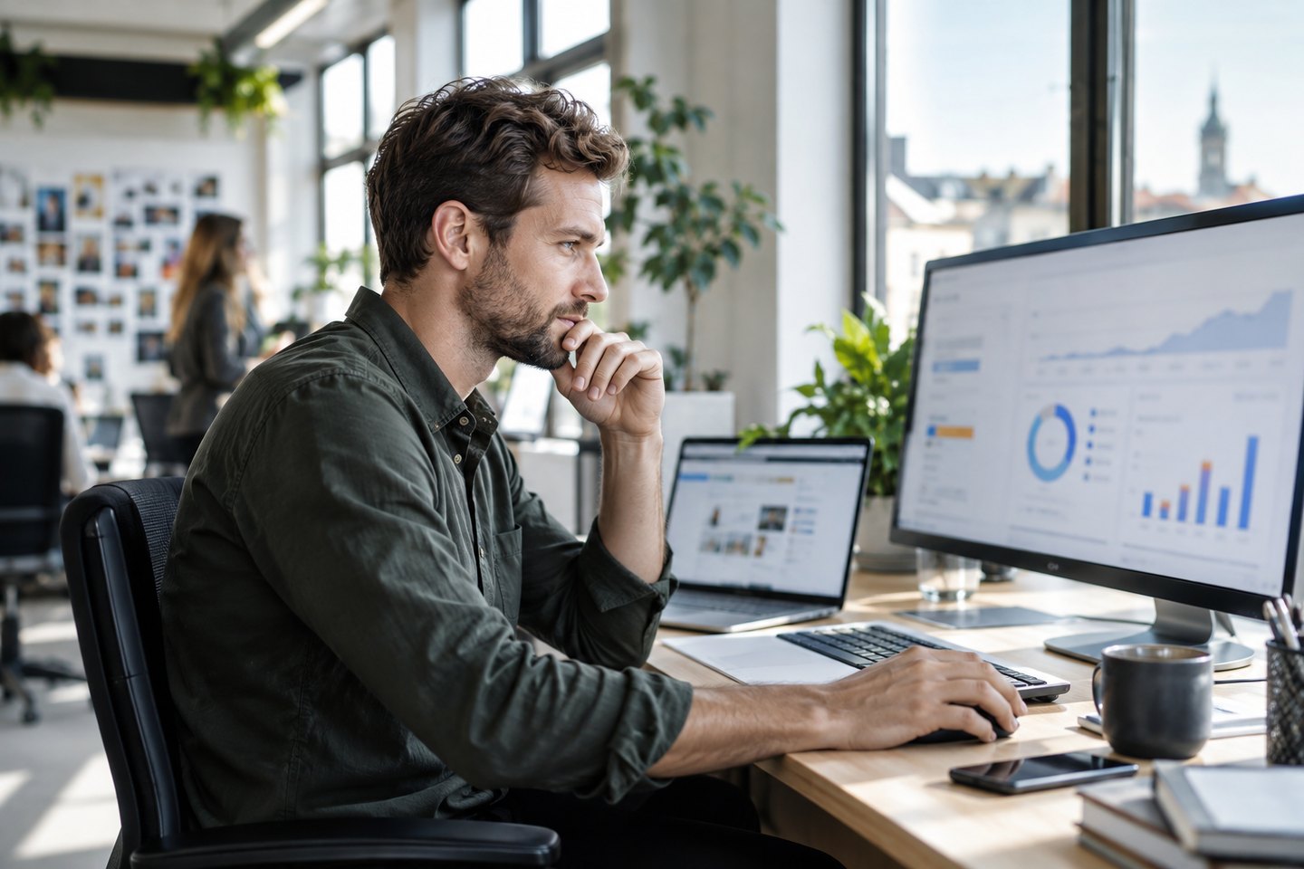 Marketingberater prüft die Auswertung einer digitalen Werbekampagne Marketingberater prüft die Auswertung einer digitalen Werbekampagne