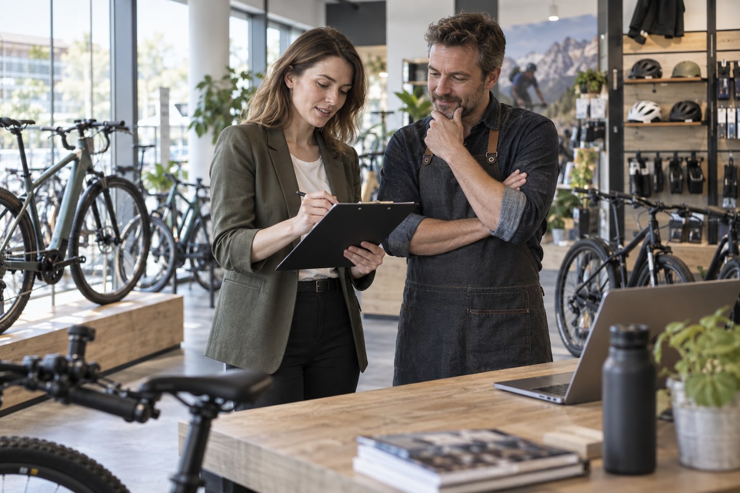 Marketingberaterin prüft einen Kampagnenstart mit einem Kunden im Fahrradgeschäft Marketingberaterin prüft einen Kampagnenstart mit einem Kunden im Fahrradgeschäft