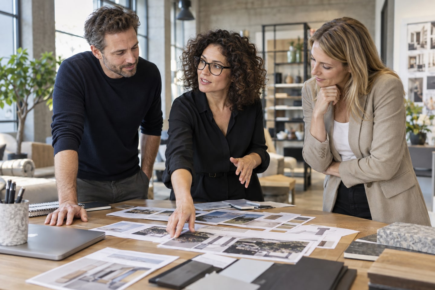 Marketingmanagerin bespricht Kampagnenentwürfe mit Kunden