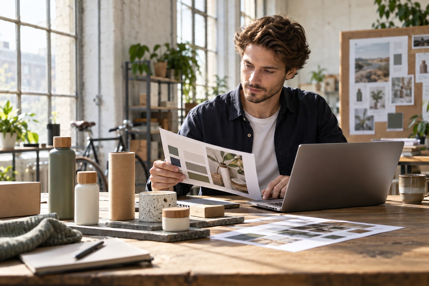 Marketingmanager prüft Gestaltungsmuster an einem Produktdisplay