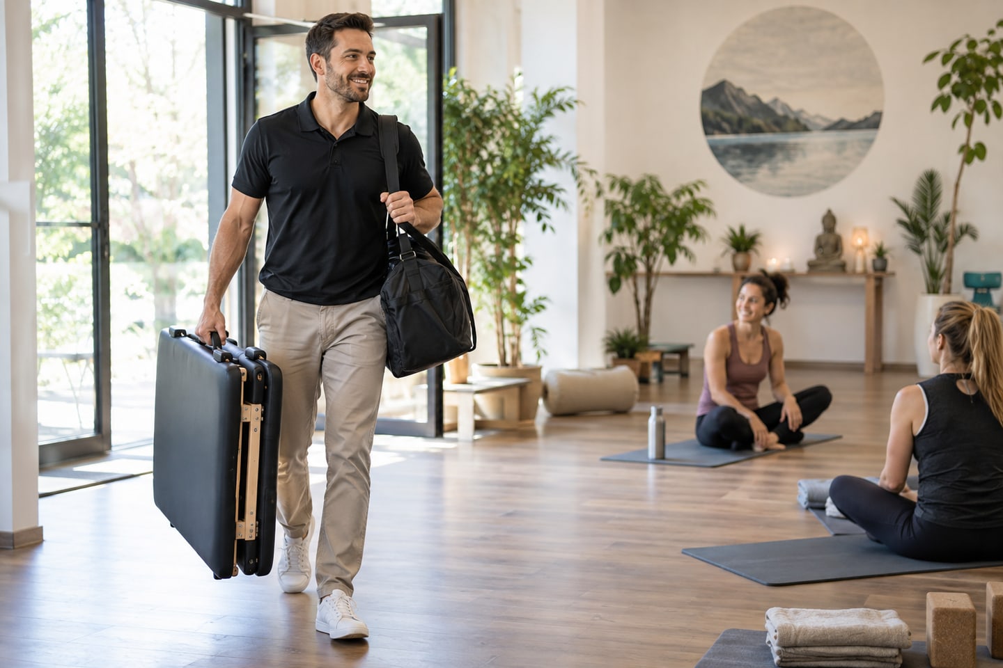 Mobiler Masseur bringt eine zusammengeklappte Massageliege zu einem externen Einsatz Mobiler Masseur bringt eine zusammengeklappte Massageliege zu einem externen Einsatz