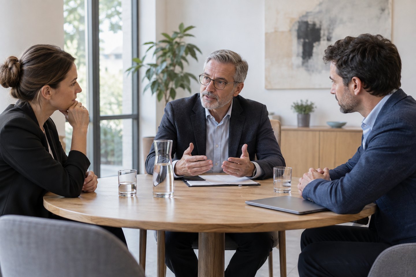 Mediator begleitet ein Gespräch zwischen zwei Konfliktparteien Mediator begleitet ein Gespräch zwischen zwei Konfliktparteien