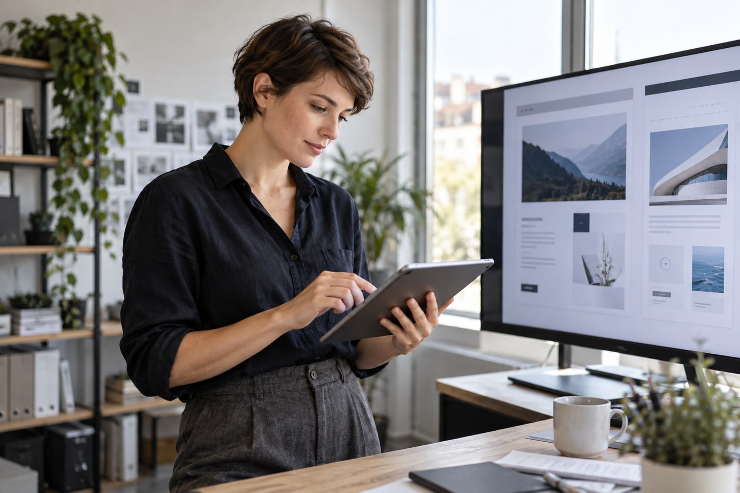 Mediengestalterin testet einen digitalen Entwurf auf Tablet und Bildschirm Mediengestalterin testet einen digitalen Entwurf auf Tablet und Bildschirm