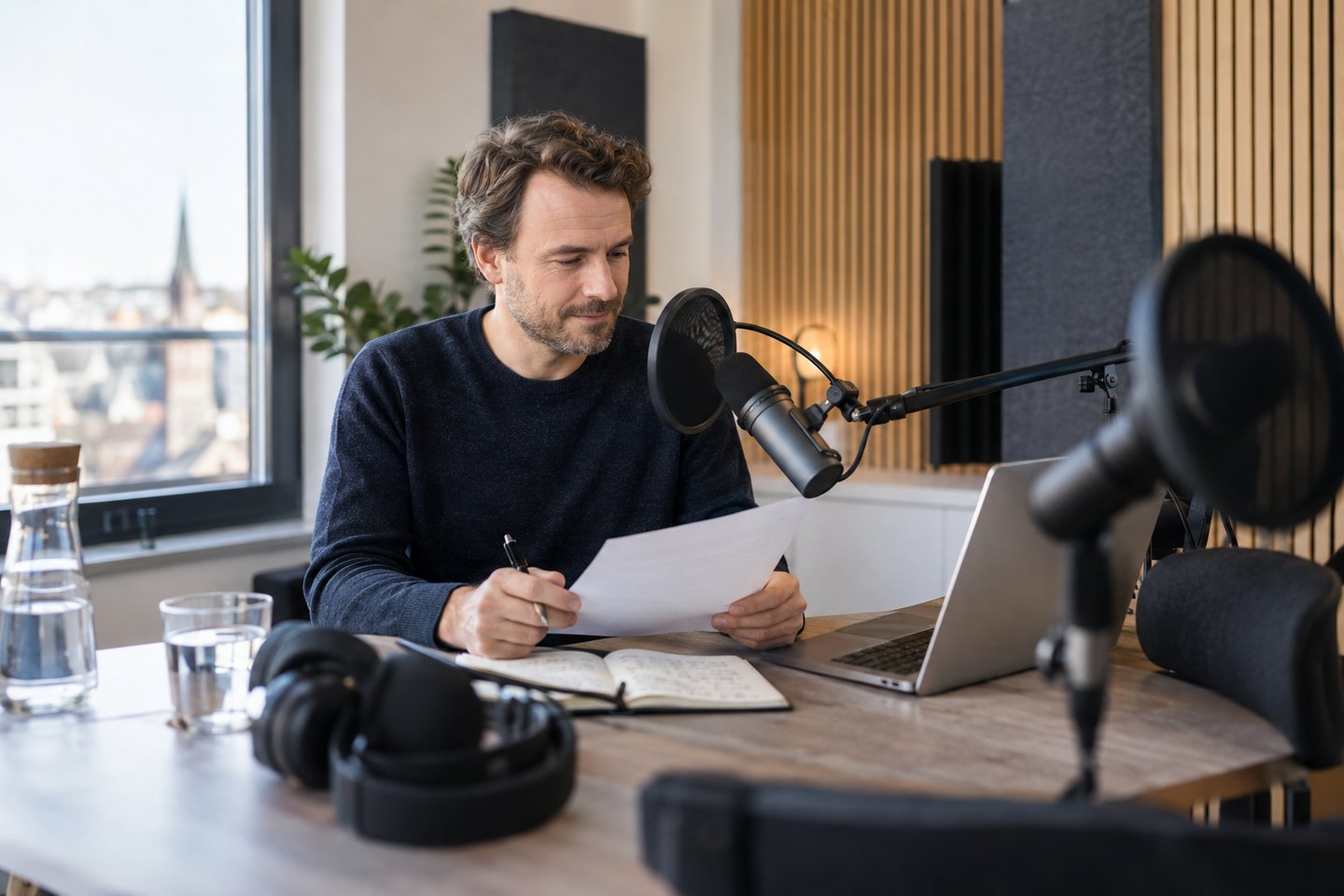 Moderator bereitet ein Interview in einem Podcaststudio vor Moderator bereitet ein Interview in einem Podcaststudio vor