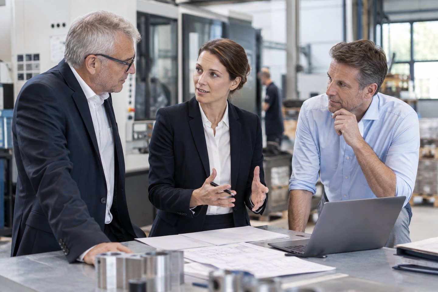 M&A-Beraterin bespricht eine Unternehmensübernahme mit zwei Unternehmern M&A-Beraterin bespricht eine Unternehmensübernahme mit zwei Unternehmern