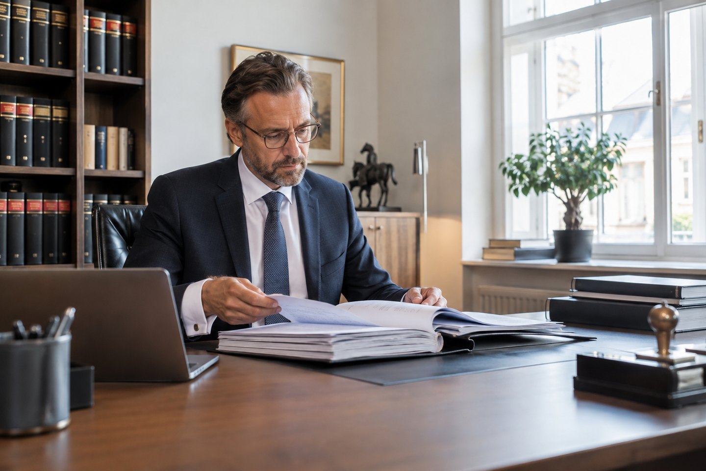 Notar prüft gebundene Urkunden und rechtliche Unterlagen im Amtszimmer Notar prüft gebundene Urkunden und rechtliche Unterlagen im Amtszimmer