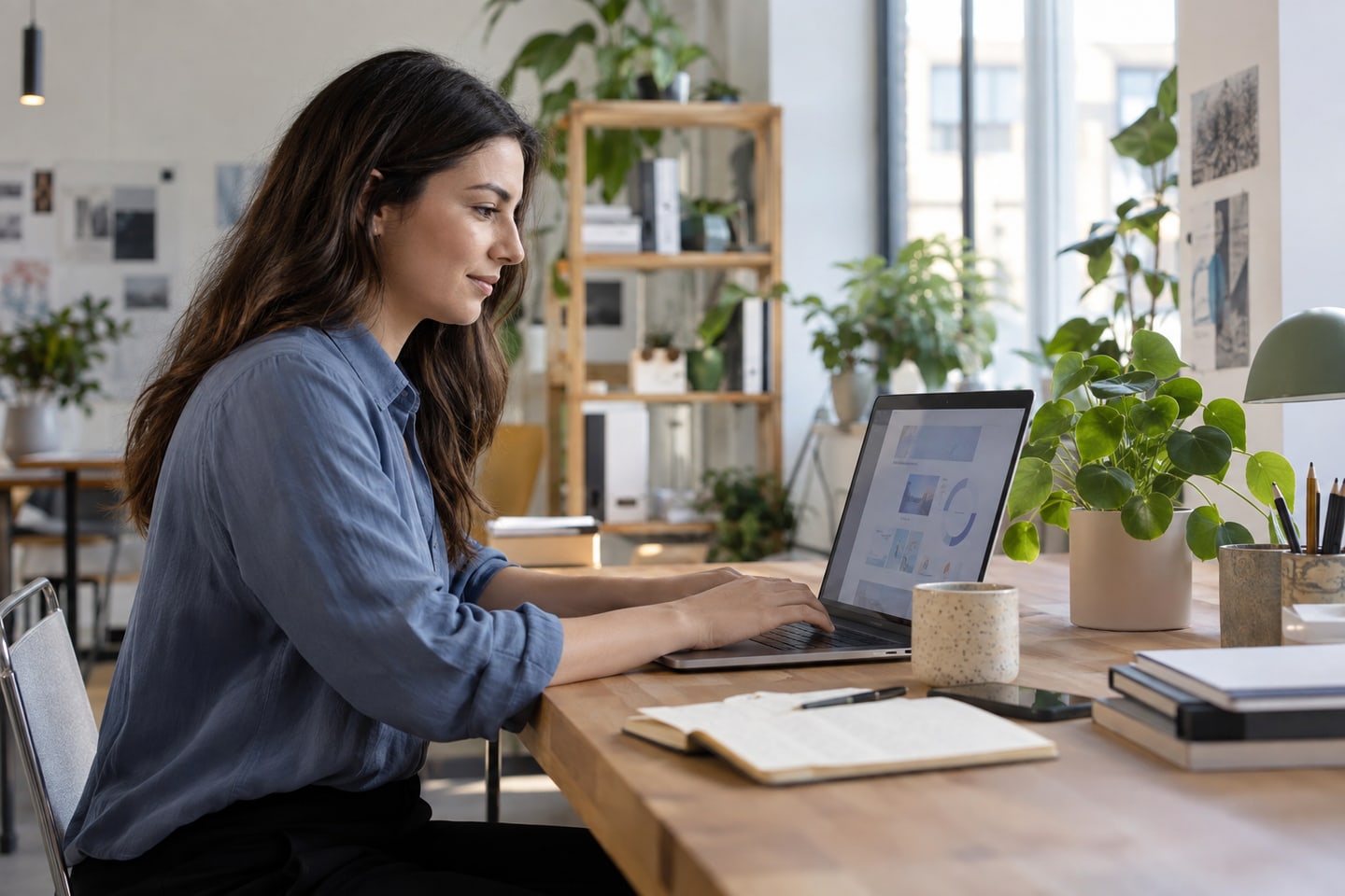 Online-Dienstleisterin arbeitet an digitalen Kundenprojekten