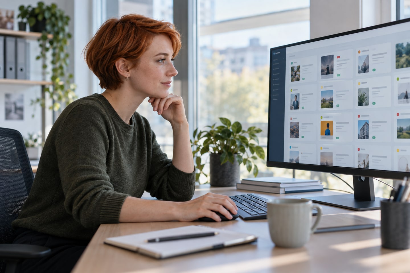 Mitarbeiterin eines Online-Portals prüft eingegangene Nutzerbeiträge Mitarbeiterin eines Online-Portals prüft eingegangene Nutzerbeiträge