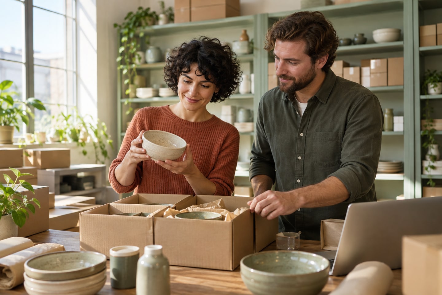Inhaberin und Mitarbeiter prüfen Waren im Versandlager eines Online-Shops Inhaberin und Mitarbeiter prüfen Waren im Versandlager eines Online-Shops