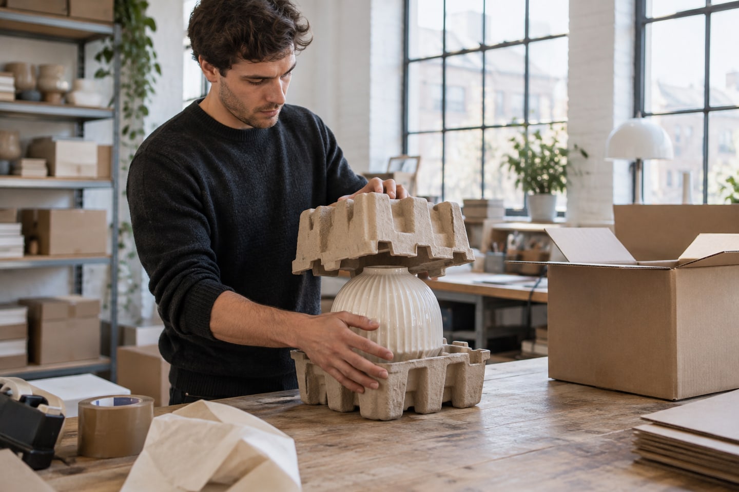 Mitarbeiter verpackt eine Keramikleuchte für den Versand eines Online-Shops Mitarbeiter verpackt eine Keramikleuchte für den Versand eines Online-Shops