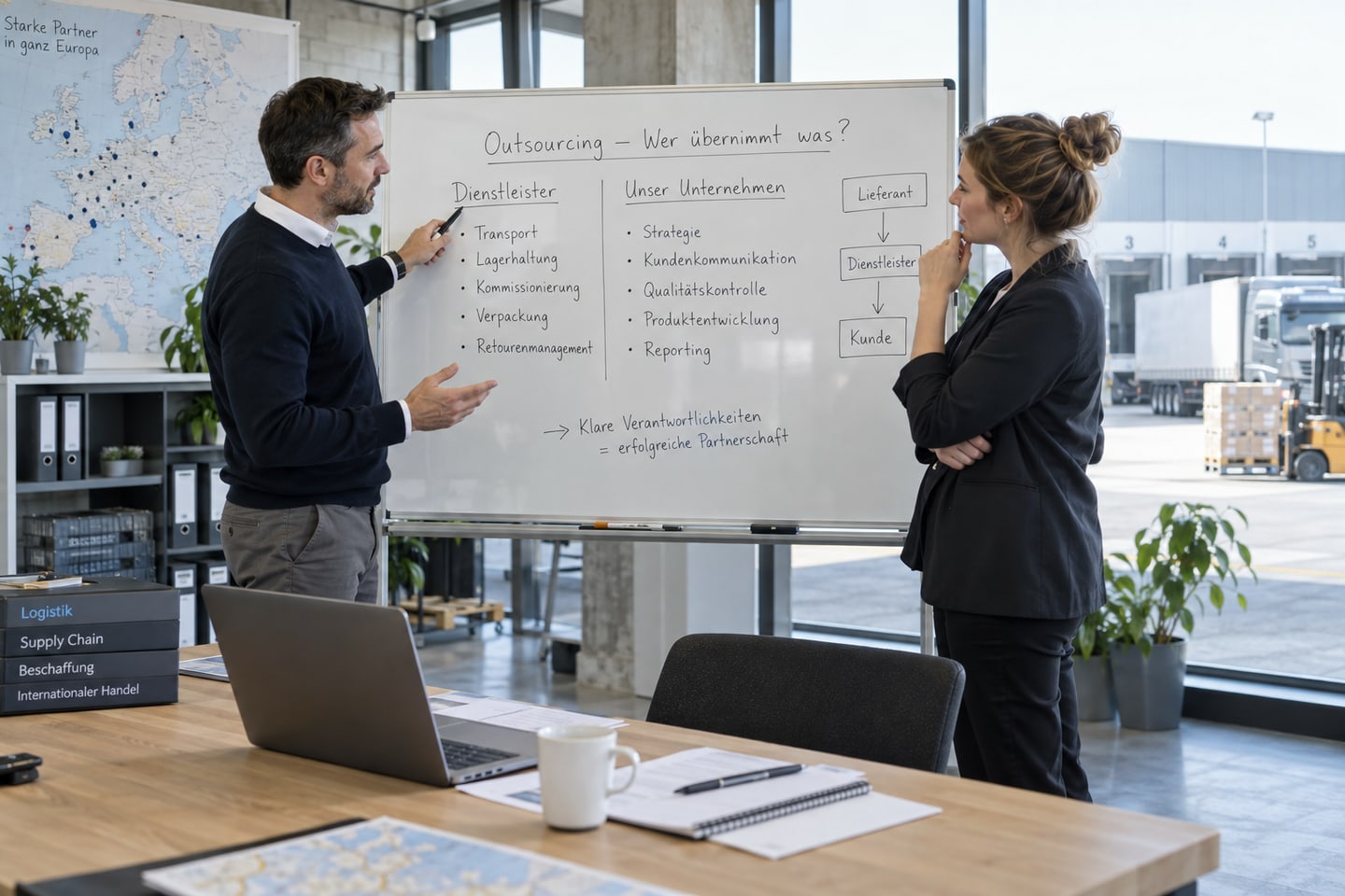 Outsourcing-Berater und Kundin stimmen Verantwortlichkeiten an einer Planungstafel ab Outsourcing-Berater und Kundin stimmen Verantwortlichkeiten an einer Planungstafel ab